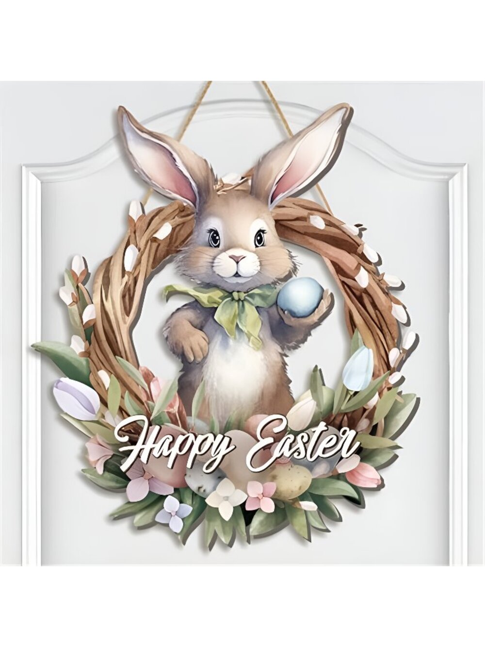 Easter Wreaths for Front Door Wooden Easter Bunny Sign 12.6 x 14.6 Inch